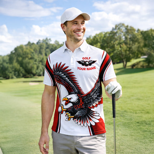 Golf Polo Shirt Custom Team Name Eagle Graphic Red Black White Sport Design Unisex