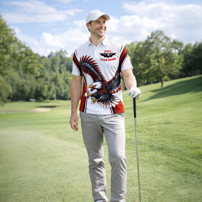 Golf Polo Shirt Custom Team Name Eagle Graphic Red Black White Sport Design Unisex