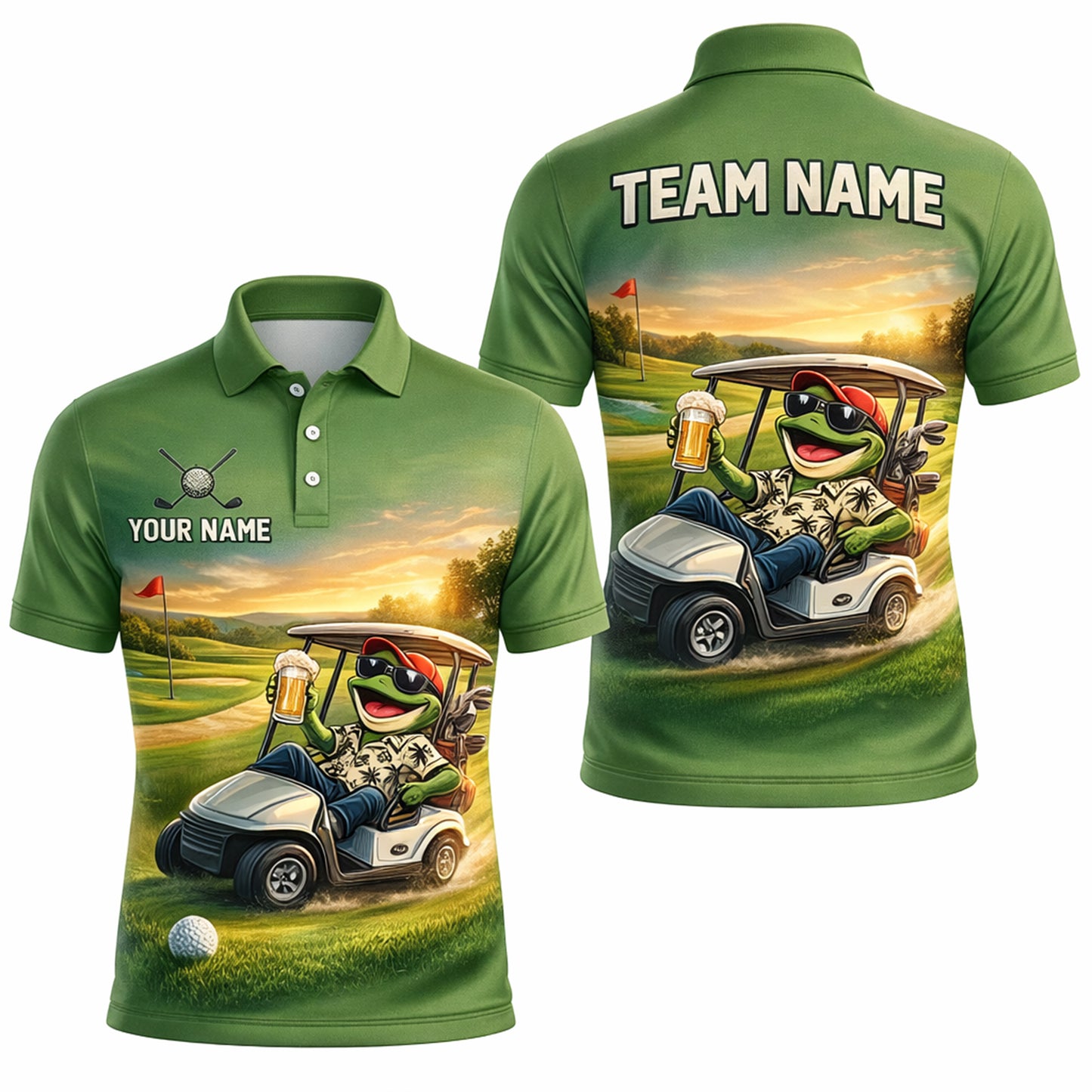 Funny Frog Golf Polo Shirt Personalized Team Name Custom Name Golf Cart Beer Graphic Shirt