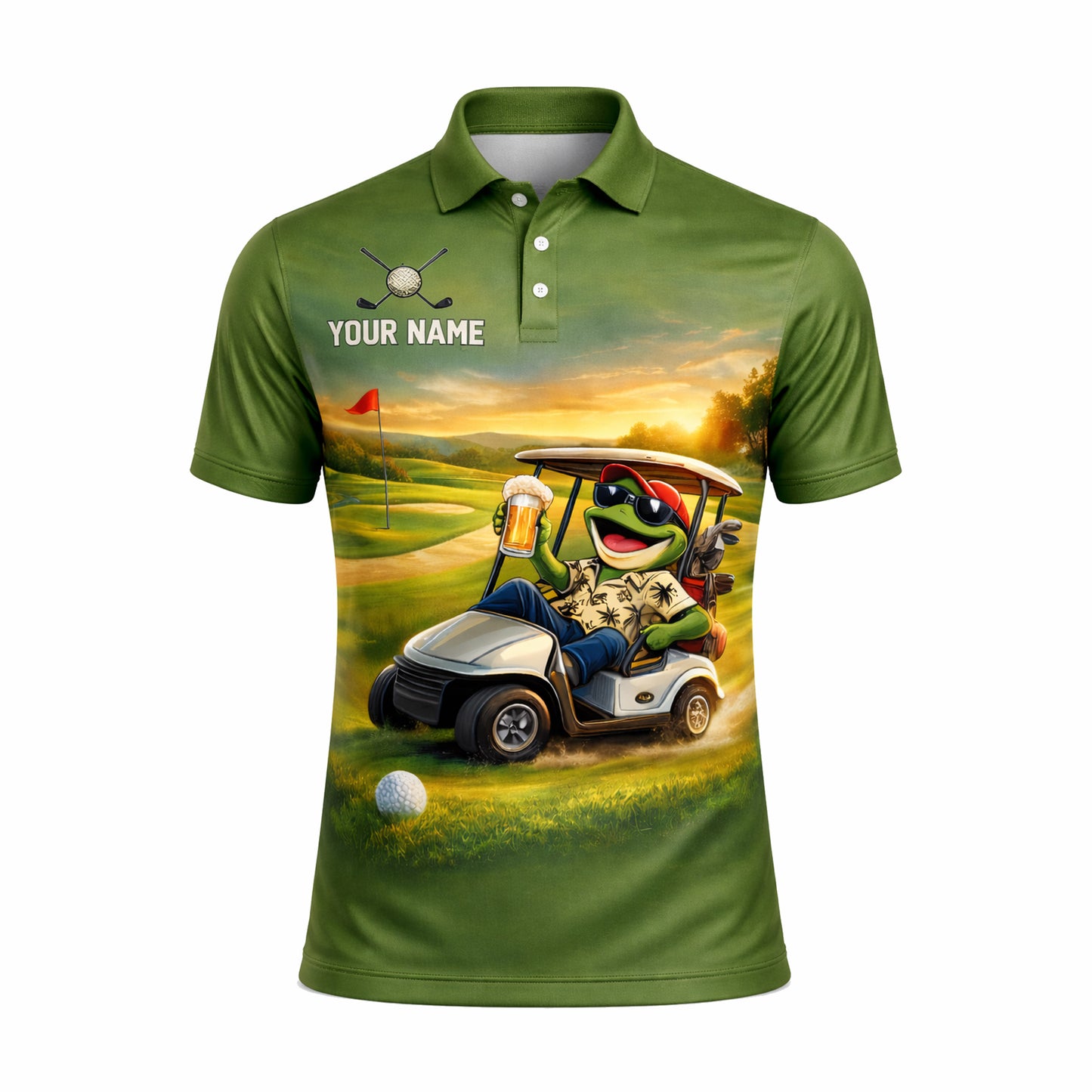 Funny Frog Golf Polo Shirt Personalized Team Name Custom Name Golf Cart Beer Graphic Shirt