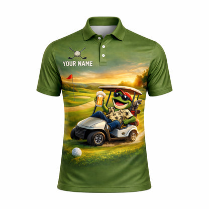Funny Frog Golf Polo Shirt Personalized Team Name Custom Name Golf Cart Beer Graphic Shirt