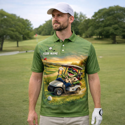 Funny Frog Golf Polo Shirt Personalized Team Name Custom Name Golf Cart Beer Graphic Shirt