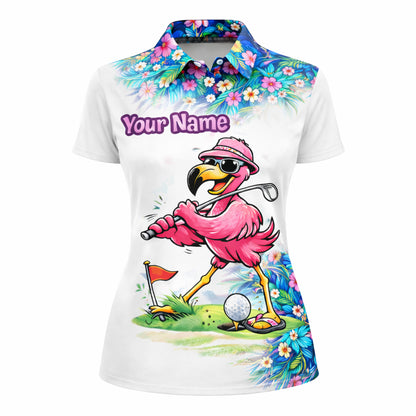 Personalized Flamingo Golf Polo Shirt Funny Tropical Golf Bird Custom Name Team Shirt Performance Tee