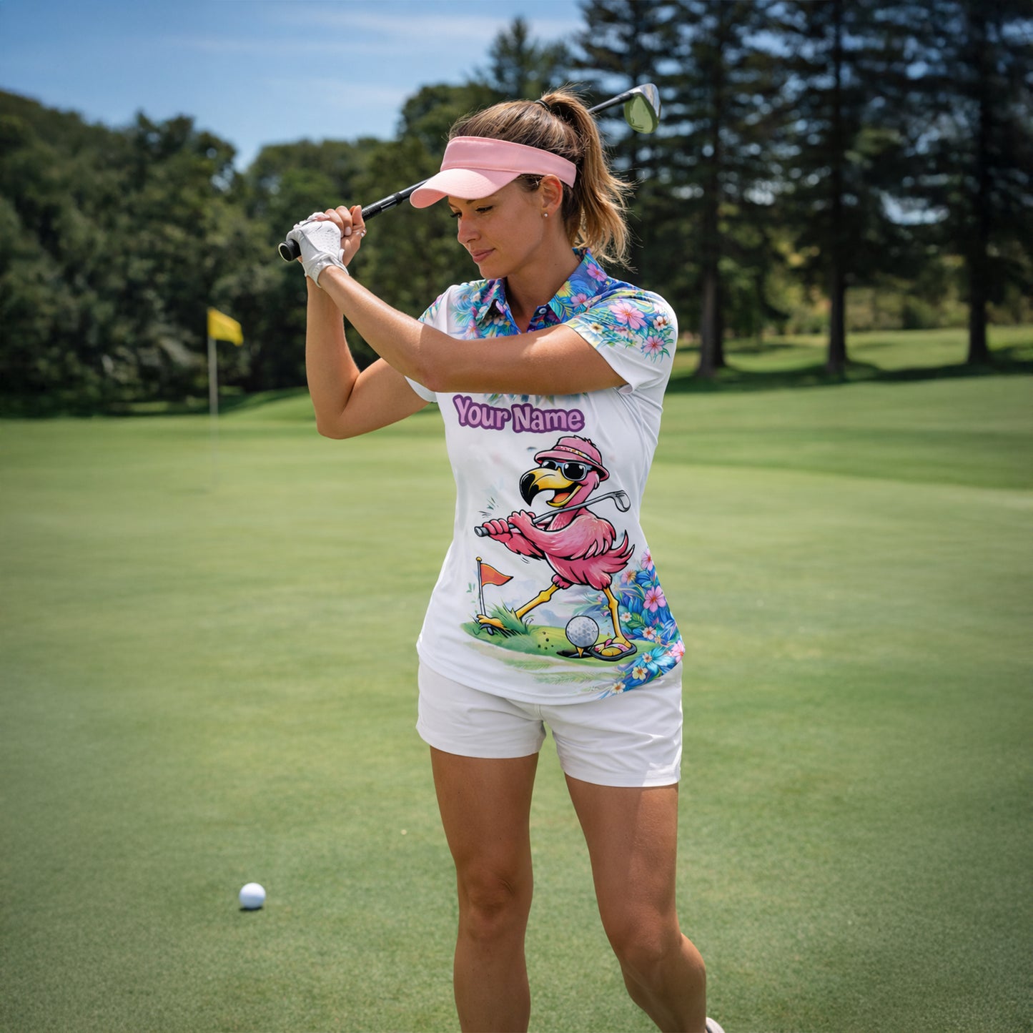 Personalized Flamingo Golf Polo Shirt Funny Tropical Golf Bird Custom Name Team Shirt Performance Tee