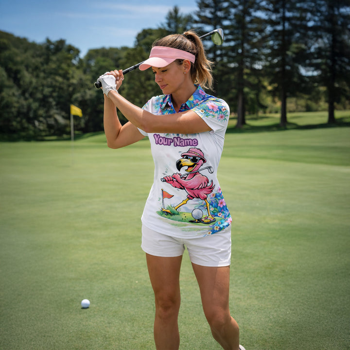 Personalized Flamingo Golf Polo Shirt Funny Tropical Golf Bird Custom Name Team Shirt Performance Tee