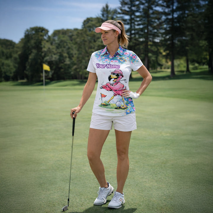 Personalized Flamingo Golf Polo Shirt Funny Tropical Golf Bird Custom Name Team Shirt Performance Tee