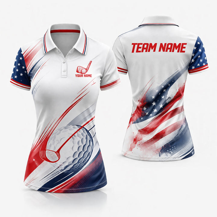 Custom Golf Polo Shirt USA Flag Design Women Patriotic Golf Shirt Team Name Performance Polo