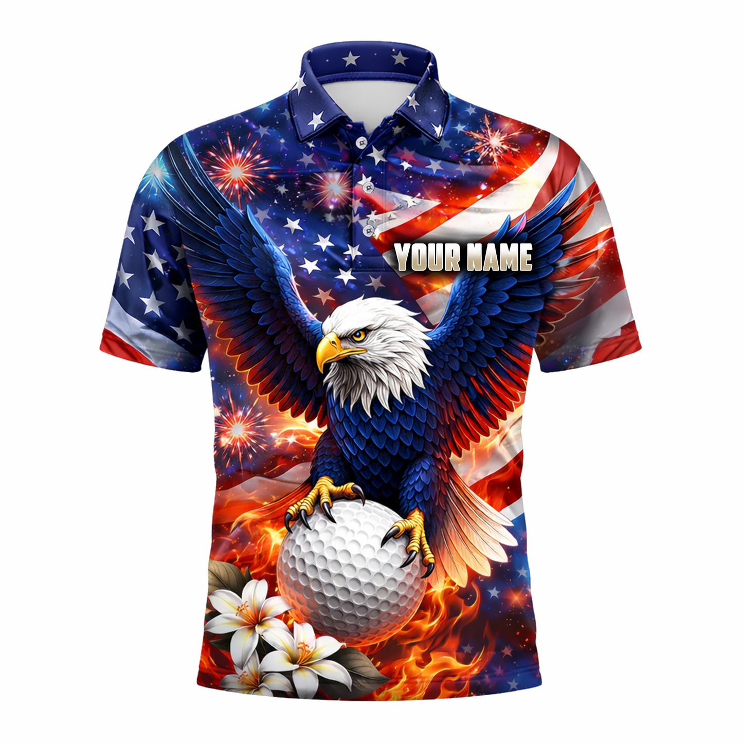 Men's American Eagle Patriotic Custom Name Golf Polo Shirt