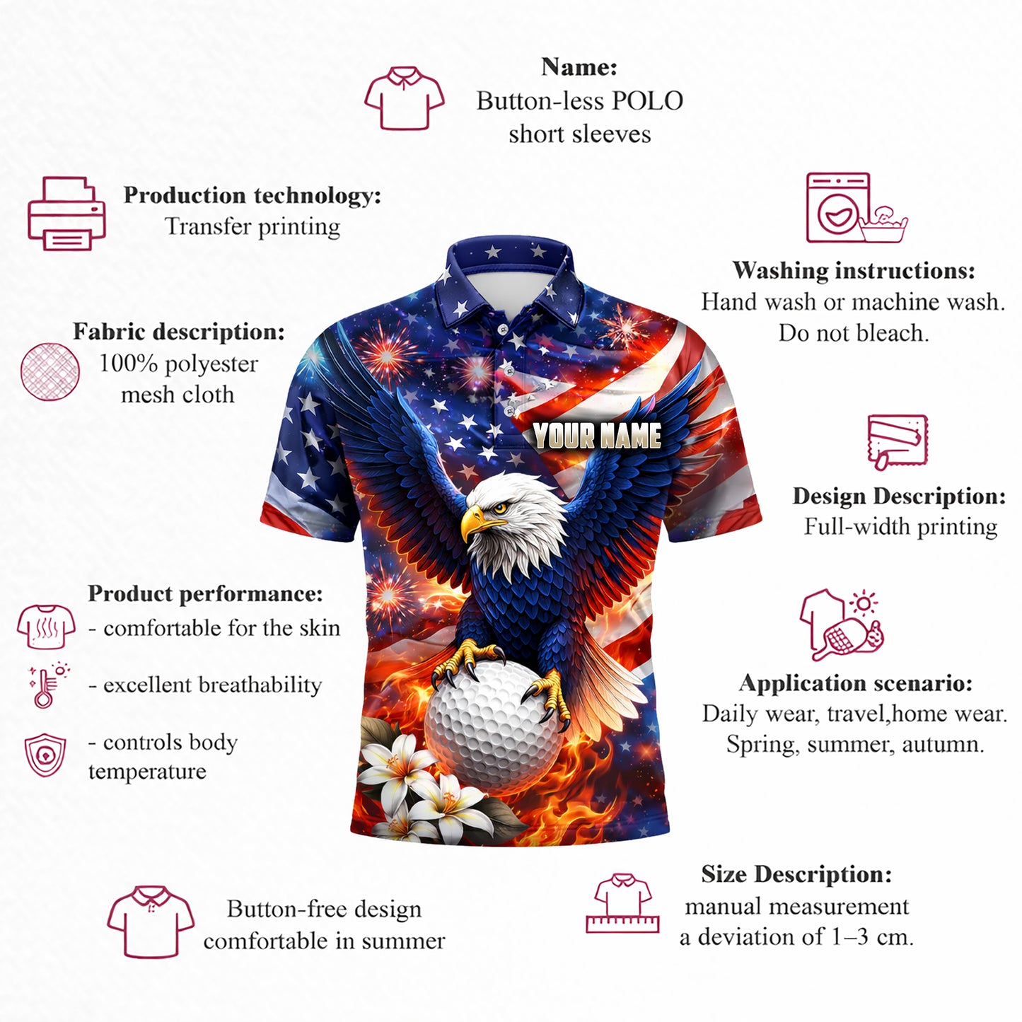 Men's American Eagle Patriotic Custom Name Golf Polo Shirt