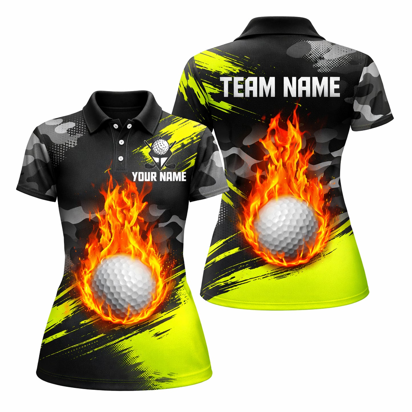 Women's Custom Golf Polo Shirt Flame Ball Camo