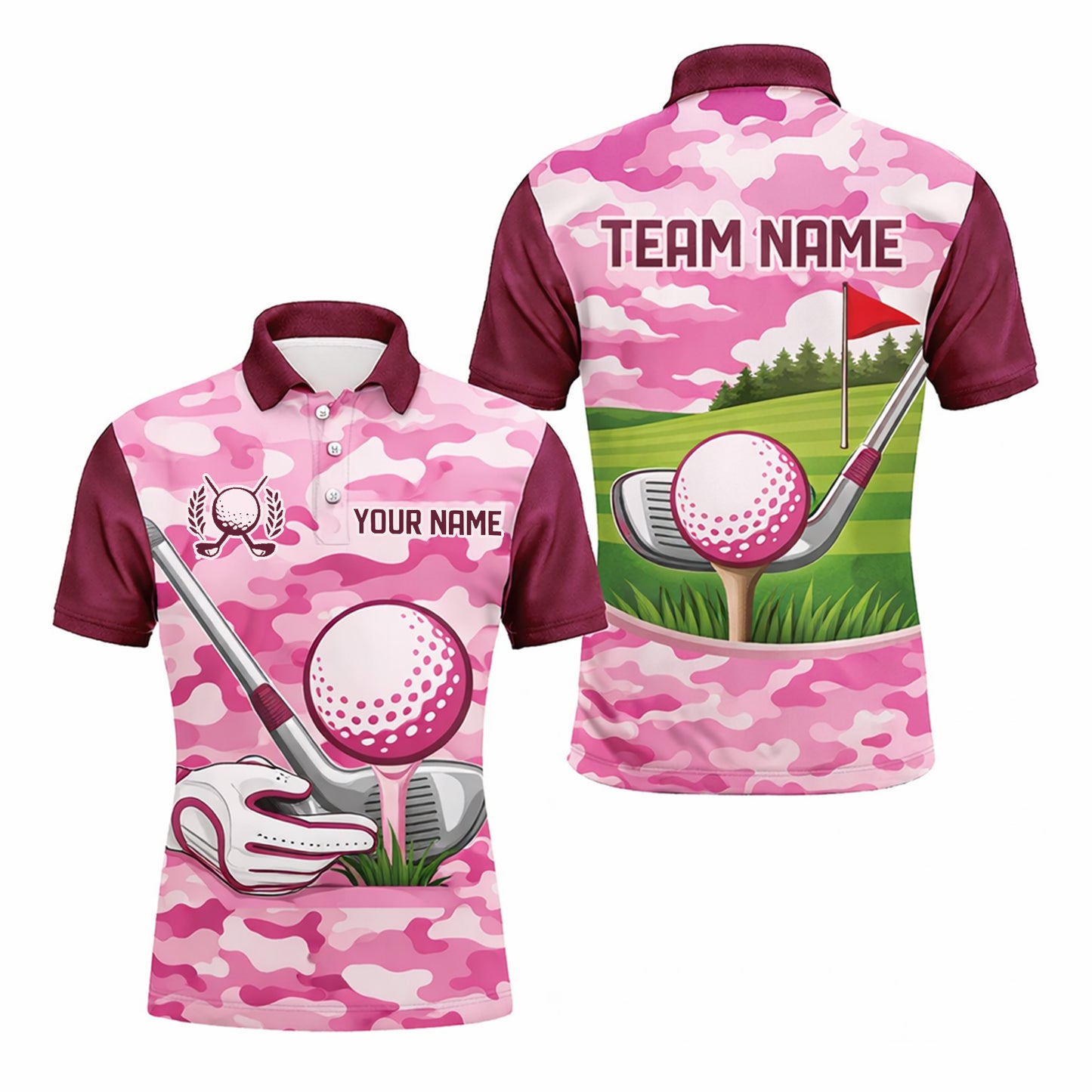 Men's Custom Name Team Golf Polo Shirt Pink Camo