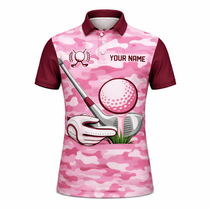 Men's Custom Name Team Golf Polo Shirt Pink Camo