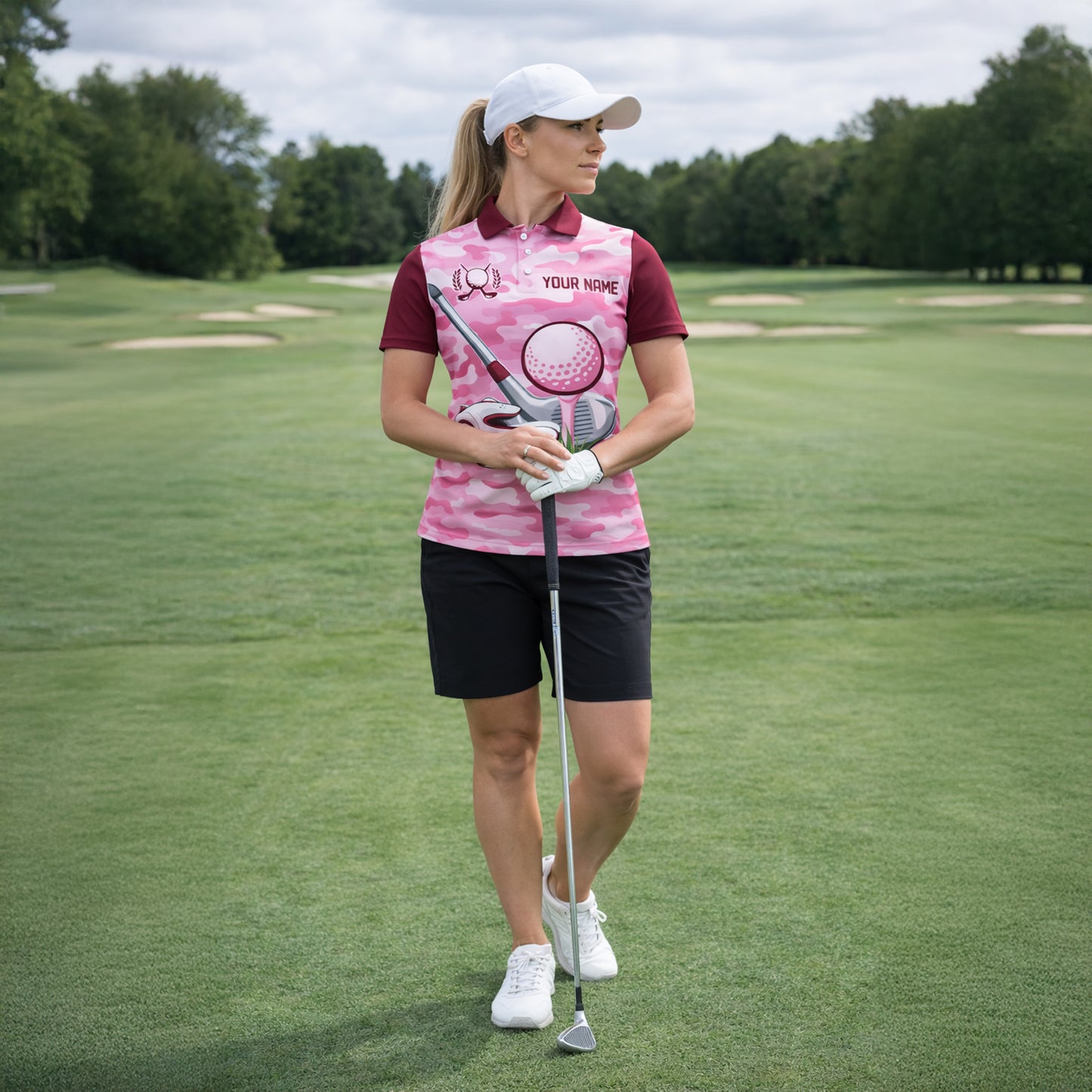 Men's Custom Name Team Golf Polo Shirt Pink Camo