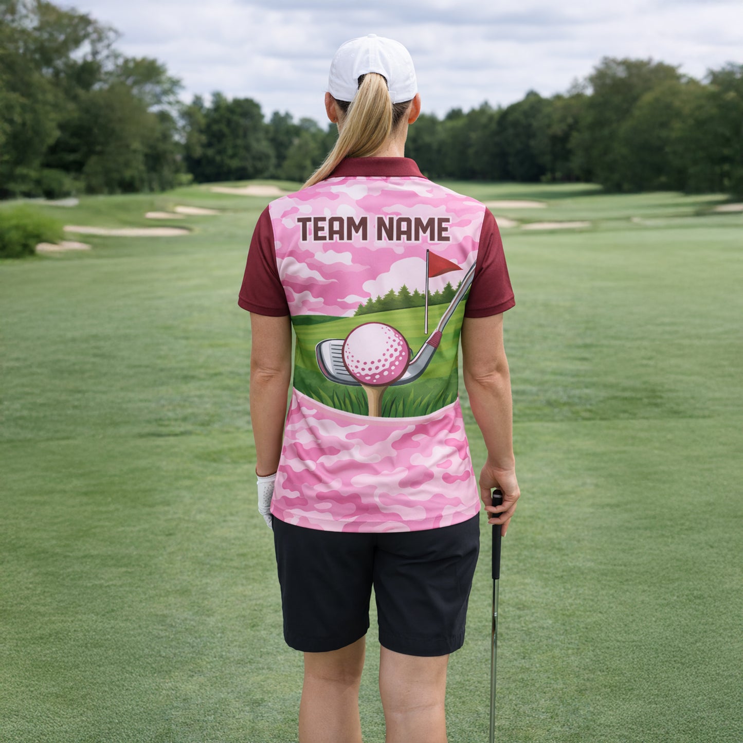Men's Custom Name Team Golf Polo Shirt Pink Camo