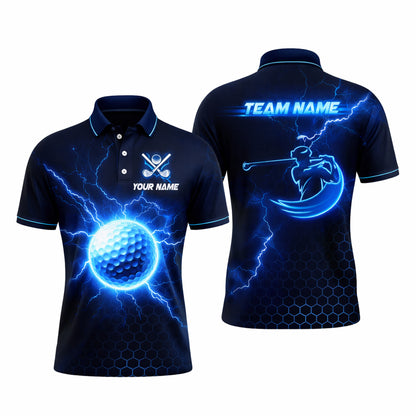 Mens Golf Polo Shirt Blue Lightning Custom Name Team