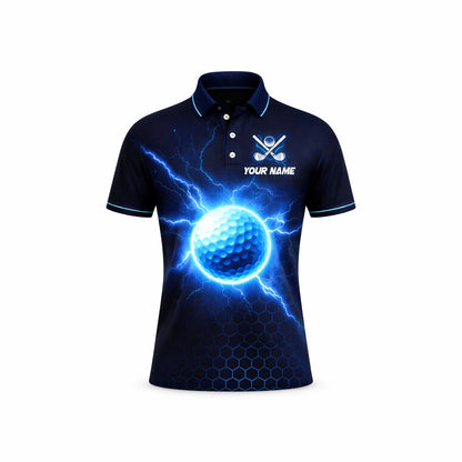 Mens Golf Polo Shirt Blue Lightning Custom Name Team