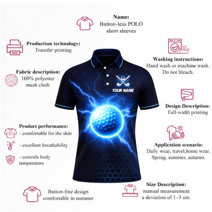 Mens Golf Polo Shirt Blue Lightning Custom Name Team