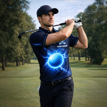 Mens Golf Polo Shirt Blue Lightning Custom Name Team