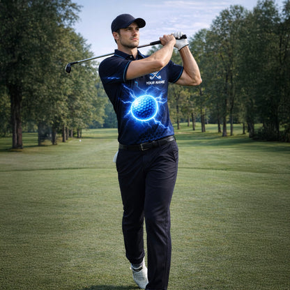 Mens Golf Polo Shirt Blue Lightning Custom Name Team