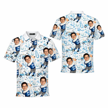 Mens Golf Polo Shirt Custom Photo Face Funny Cartoon