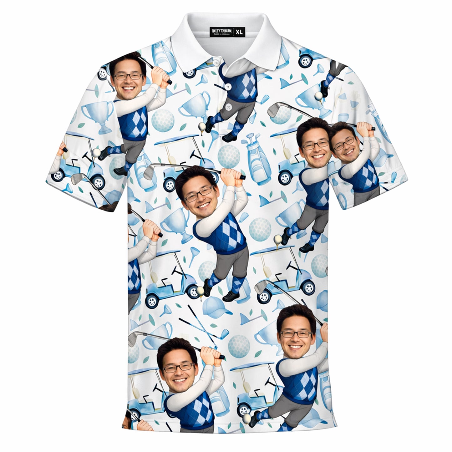 Mens Golf Polo Shirt Custom Photo Face Funny Cartoon