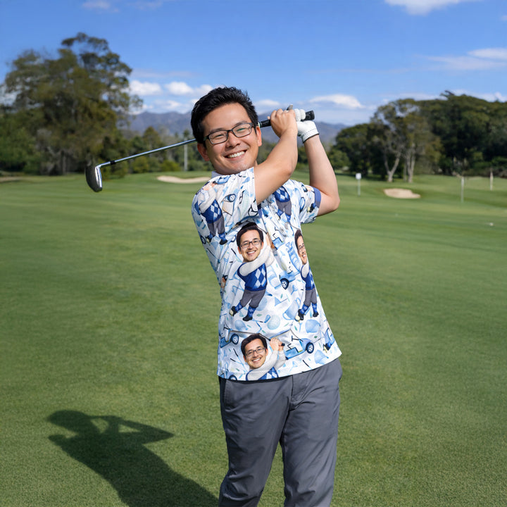 Mens Golf Polo Shirt Custom Photo Face Funny Cartoon