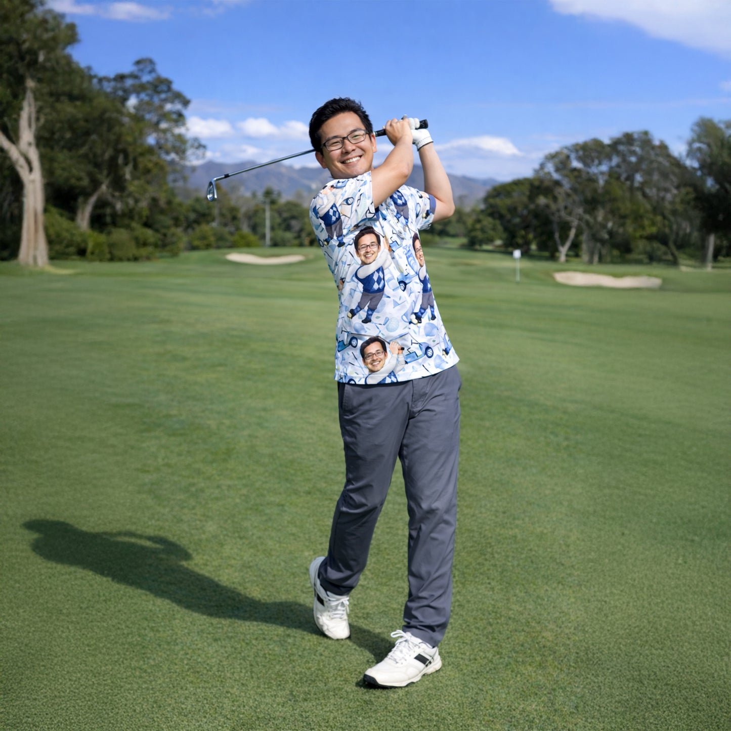 Mens Golf Polo Shirt Custom Photo Face Funny Cartoon