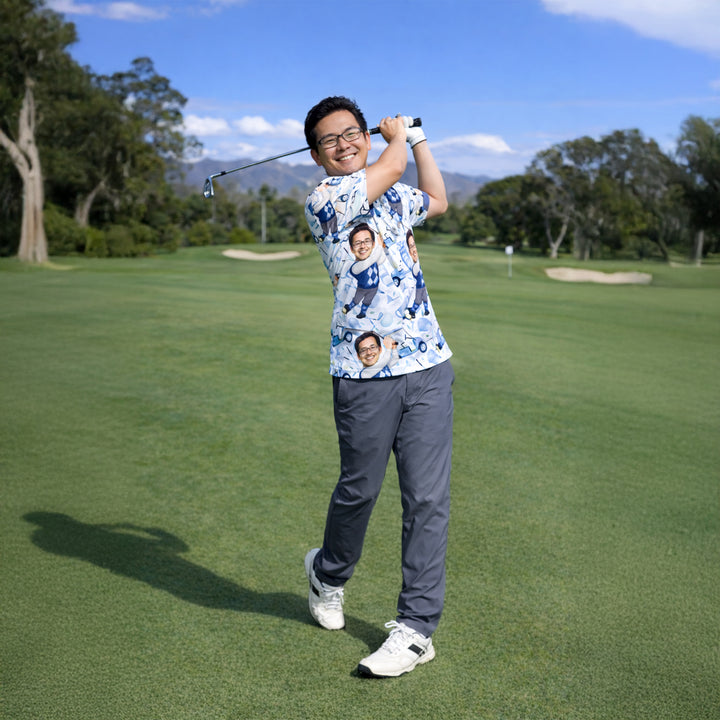 Mens Golf Polo Shirt Custom Photo Face Funny Cartoon