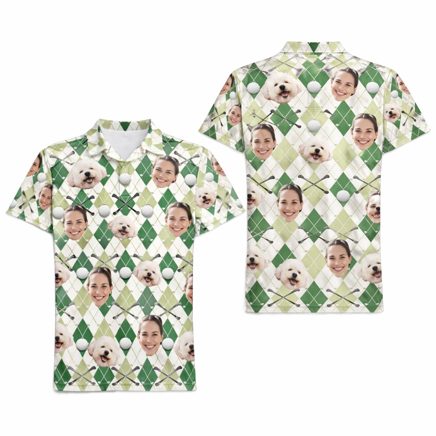 Custom Face and Pet Photo Golf Polo Shirt Green Argyle