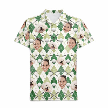 Custom Face and Pet Photo Golf Polo Shirt Green Argyle