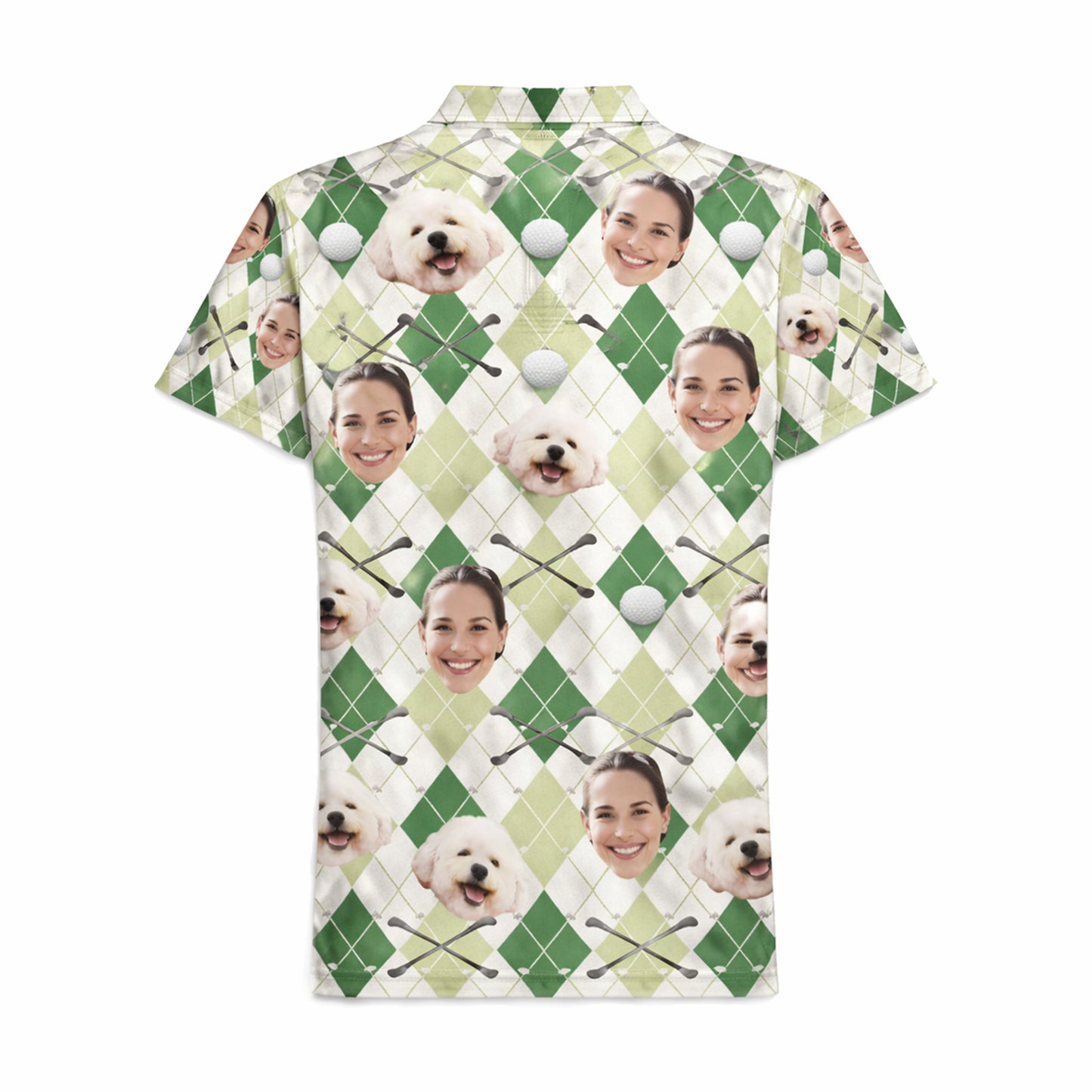 Custom Face and Pet Photo Golf Polo Shirt Green Argyle
