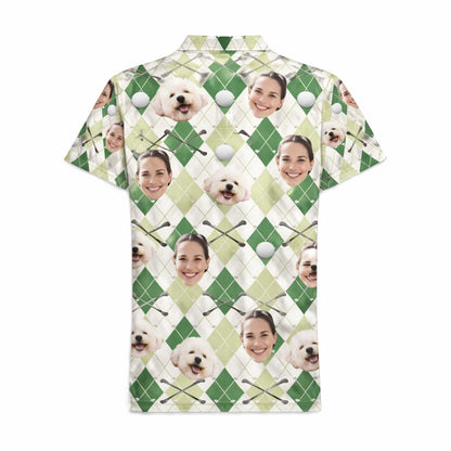 Custom Face and Pet Photo Golf Polo Shirt Green Argyle