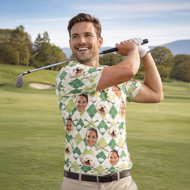 Custom Face and Pet Photo Golf Polo Shirt Green Argyle