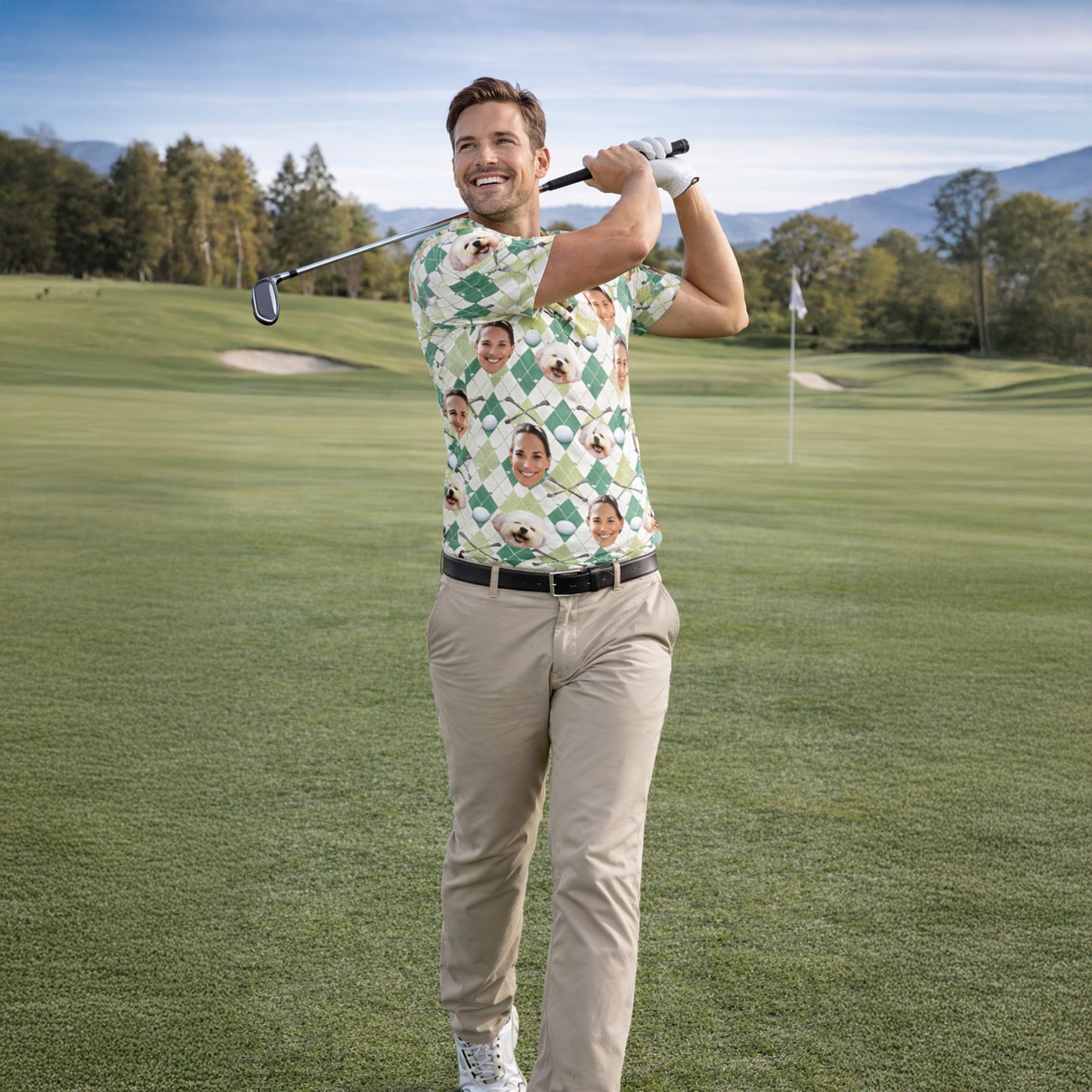 Custom Face and Pet Photo Golf Polo Shirt Green Argyle