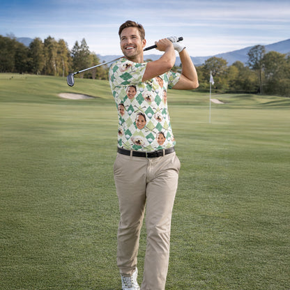 Custom Face and Pet Photo Golf Polo Shirt Green Argyle