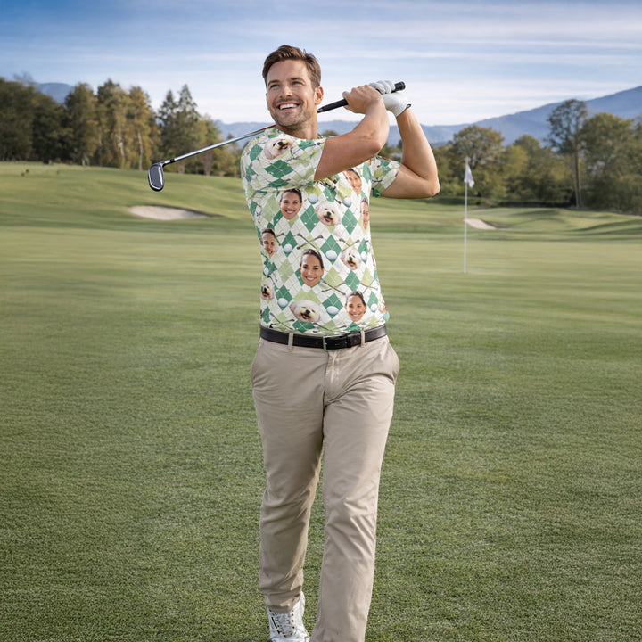 Custom Face and Pet Photo Golf Polo Shirt Green Argyle