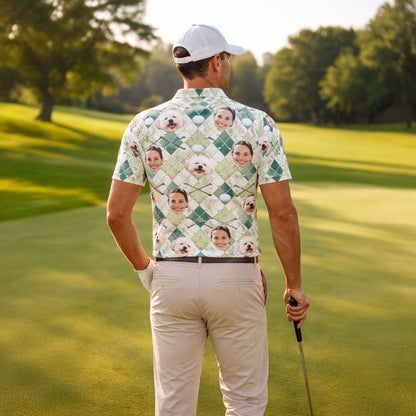 Custom Face and Pet Photo Golf Polo Shirt Green Argyle