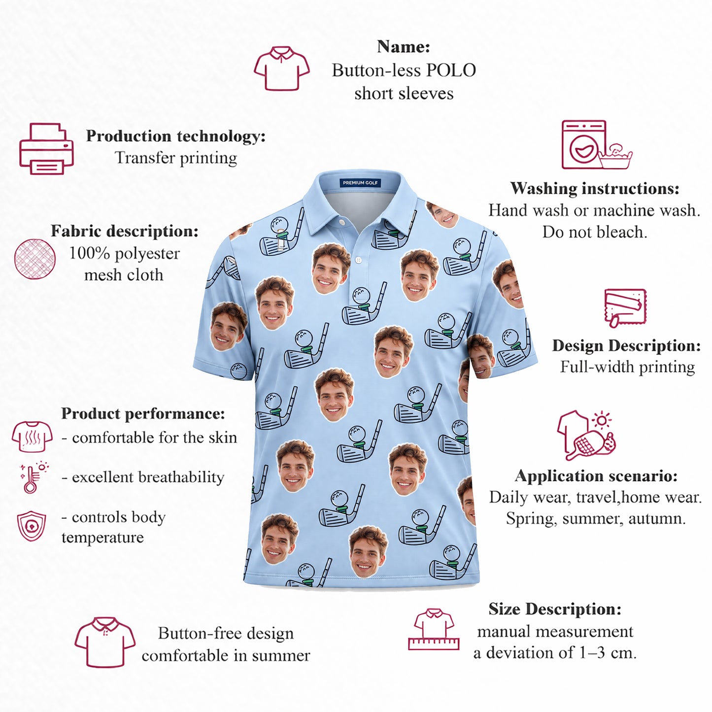 Custom Photo Face Golf Polo Shirt for Men