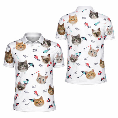 Cute Cat Faces Golf Pattern Mens Polo Shirt White