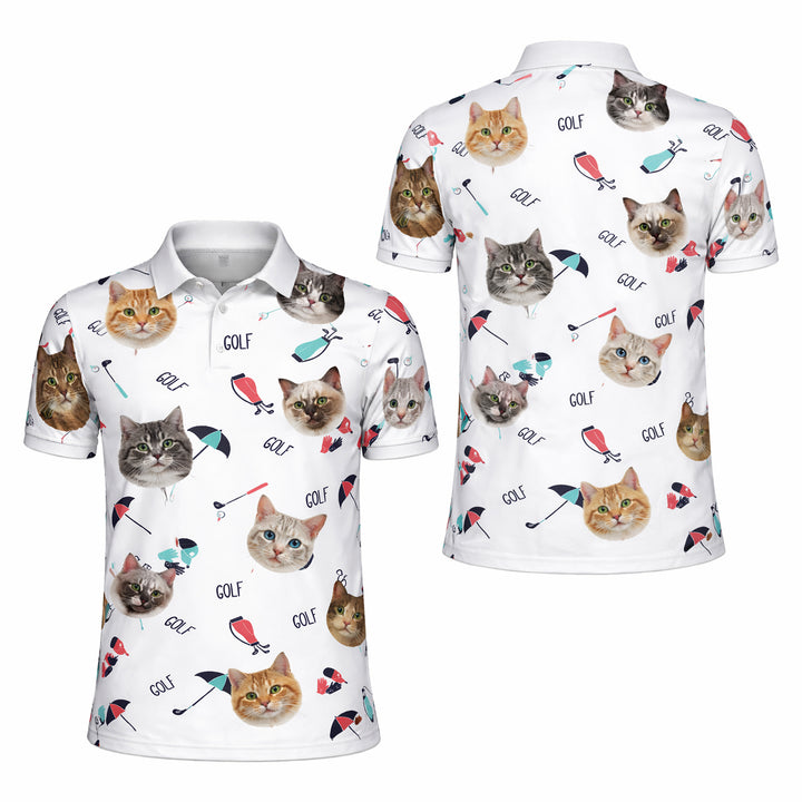 Cute Cat Faces Golf Pattern Mens Polo Shirt White