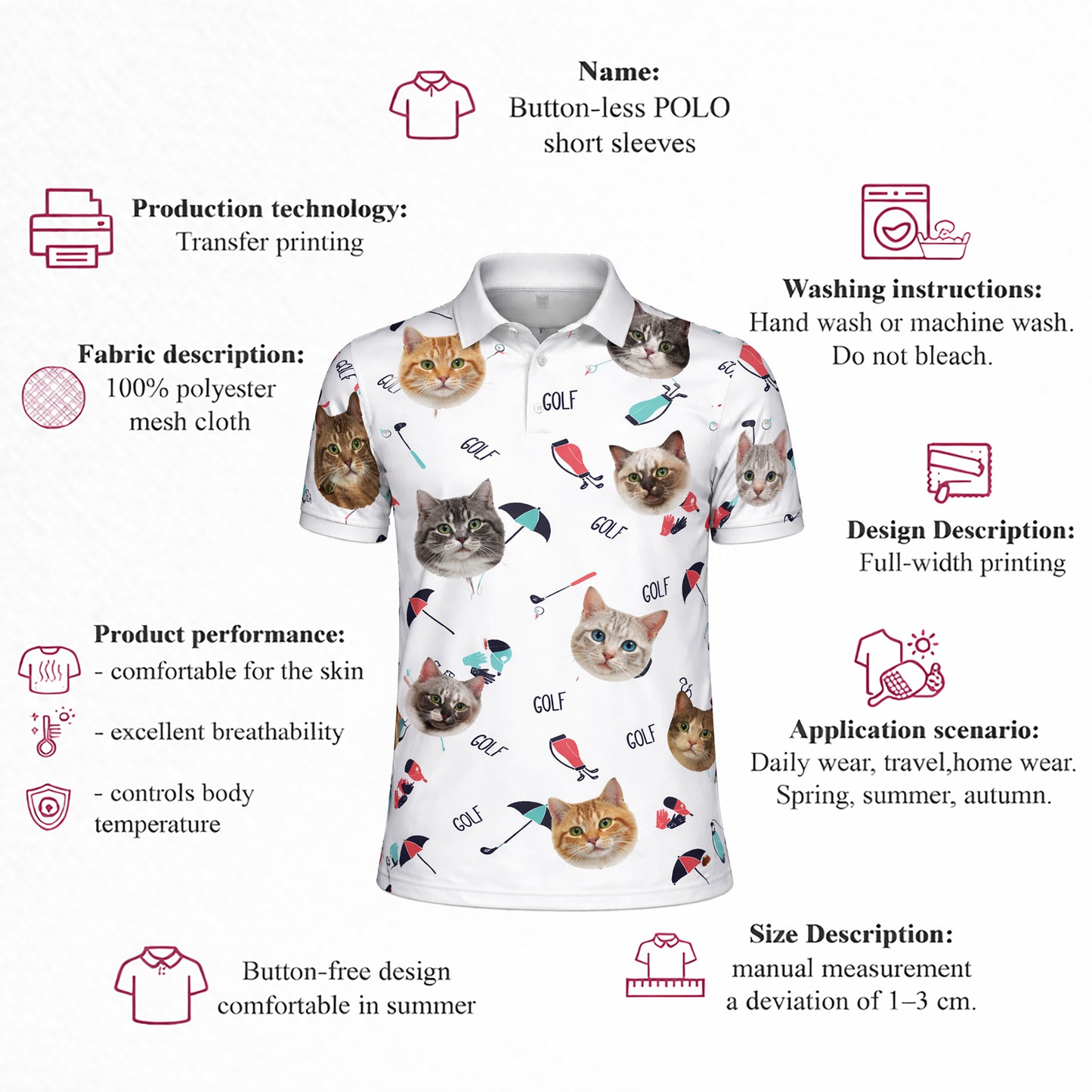 Cute Cat Faces Golf Pattern Mens Polo Shirt White