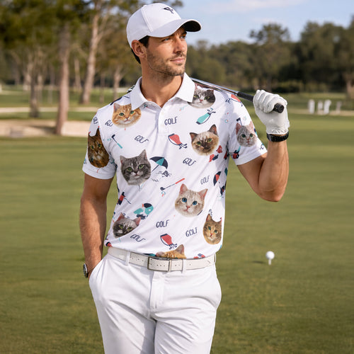 Cute Cat Faces Golf Pattern Mens Polo Shirt White