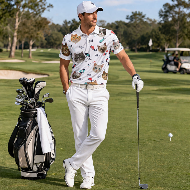 Cute Cat Faces Golf Pattern Mens Polo Shirt White