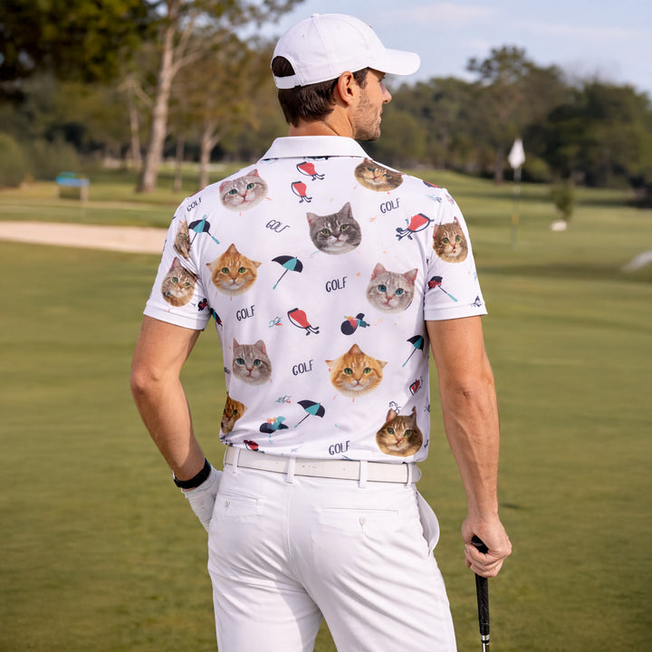 Cute Cat Faces Golf Pattern Mens Polo Shirt White