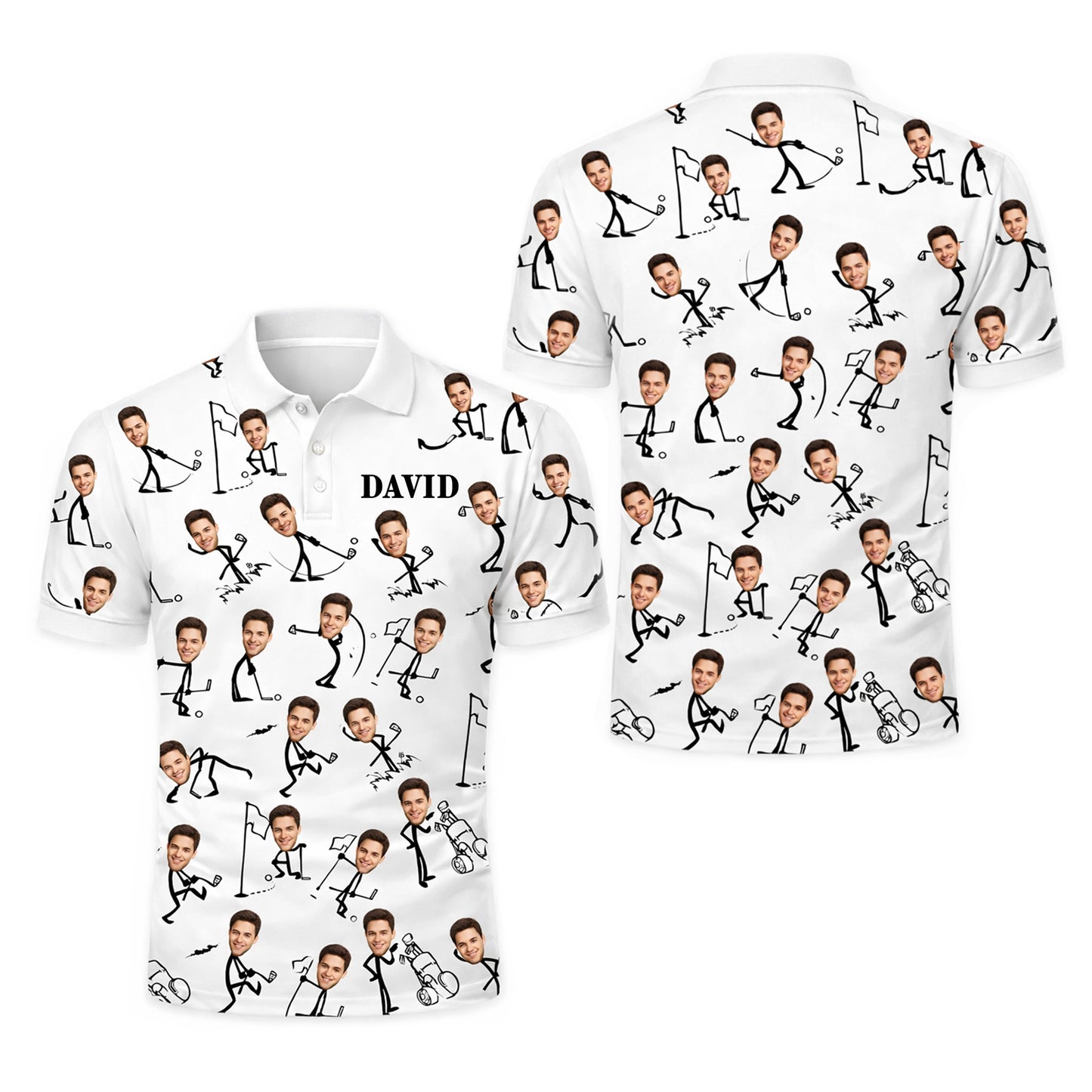 Custom Face Stick Figure Golfer Mens Polo Shirt White