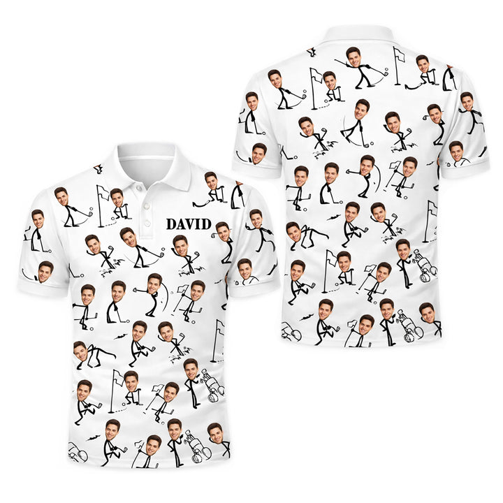 Custom Face Stick Figure Golfer Mens Polo Shirt White