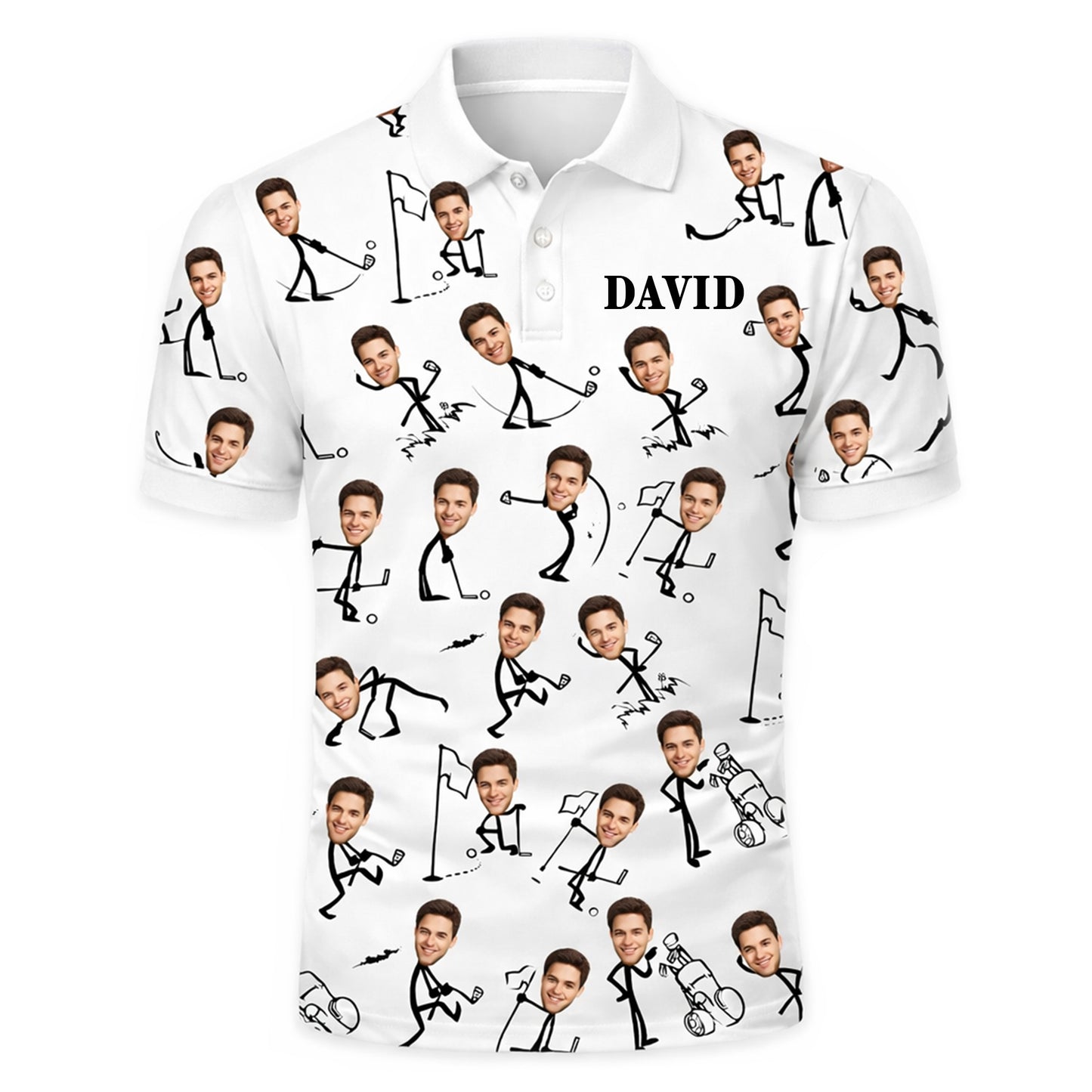 Custom Face Stick Figure Golfer Mens Polo Shirt White