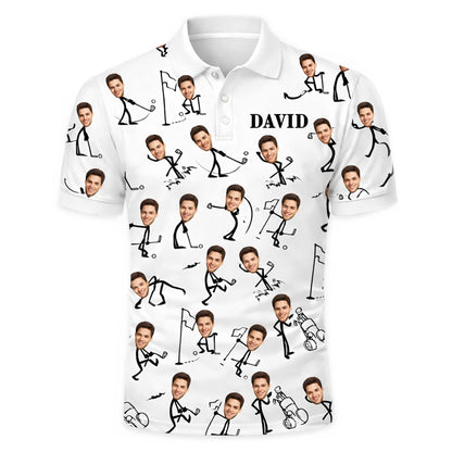Custom Face Stick Figure Golfer Mens Polo Shirt White