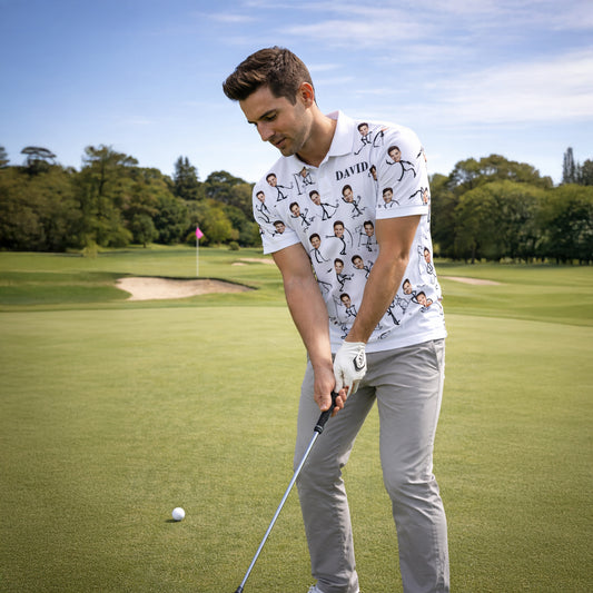 Custom Face Stick Figure Golfer Mens Polo Shirt White