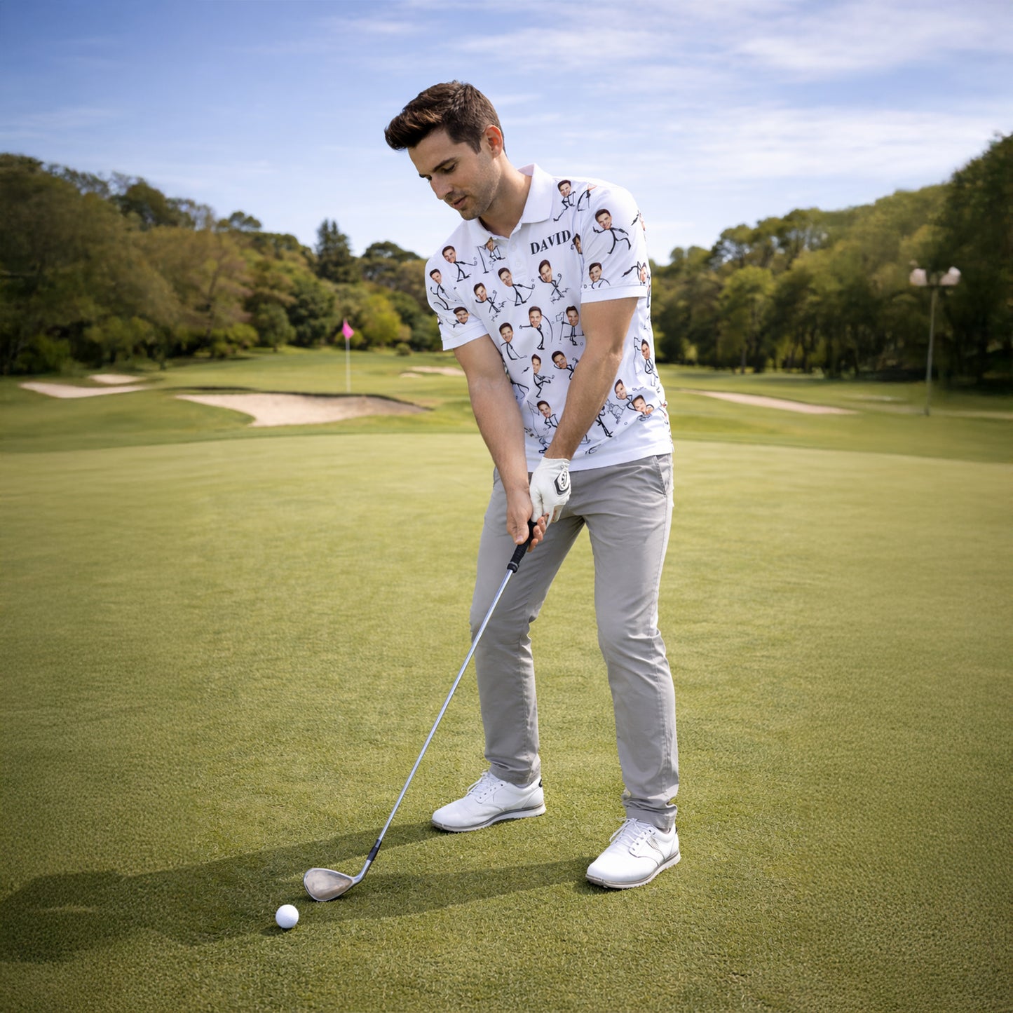 Custom Face Stick Figure Golfer Mens Polo Shirt White